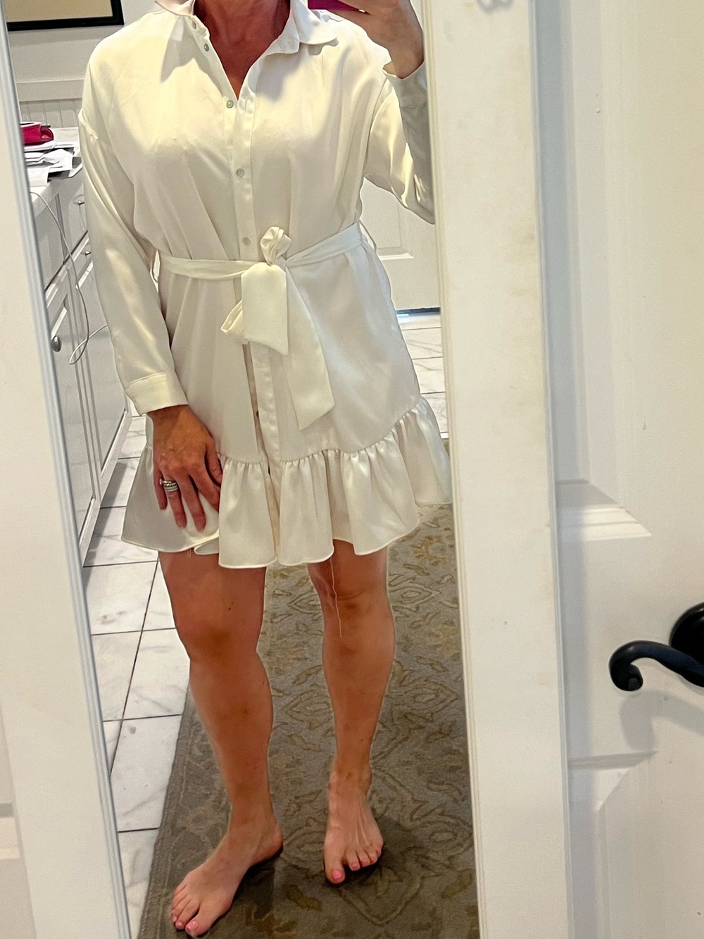Zara Cream Button-Front Ruffled Hem Shirt Dress
